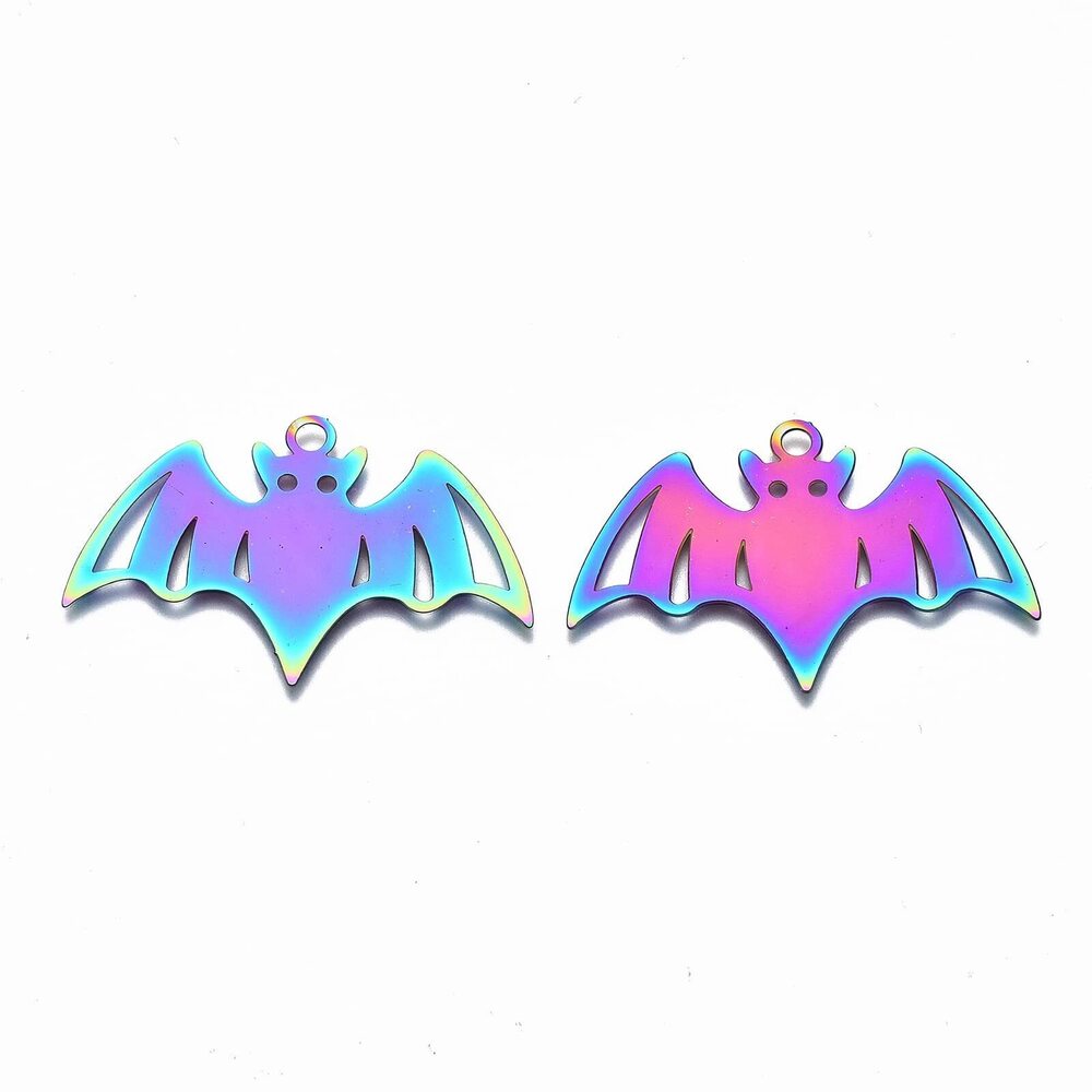 1115 50Pcs Stainless Steel Rainbow Filigree Charms Colorful Halloween Bat